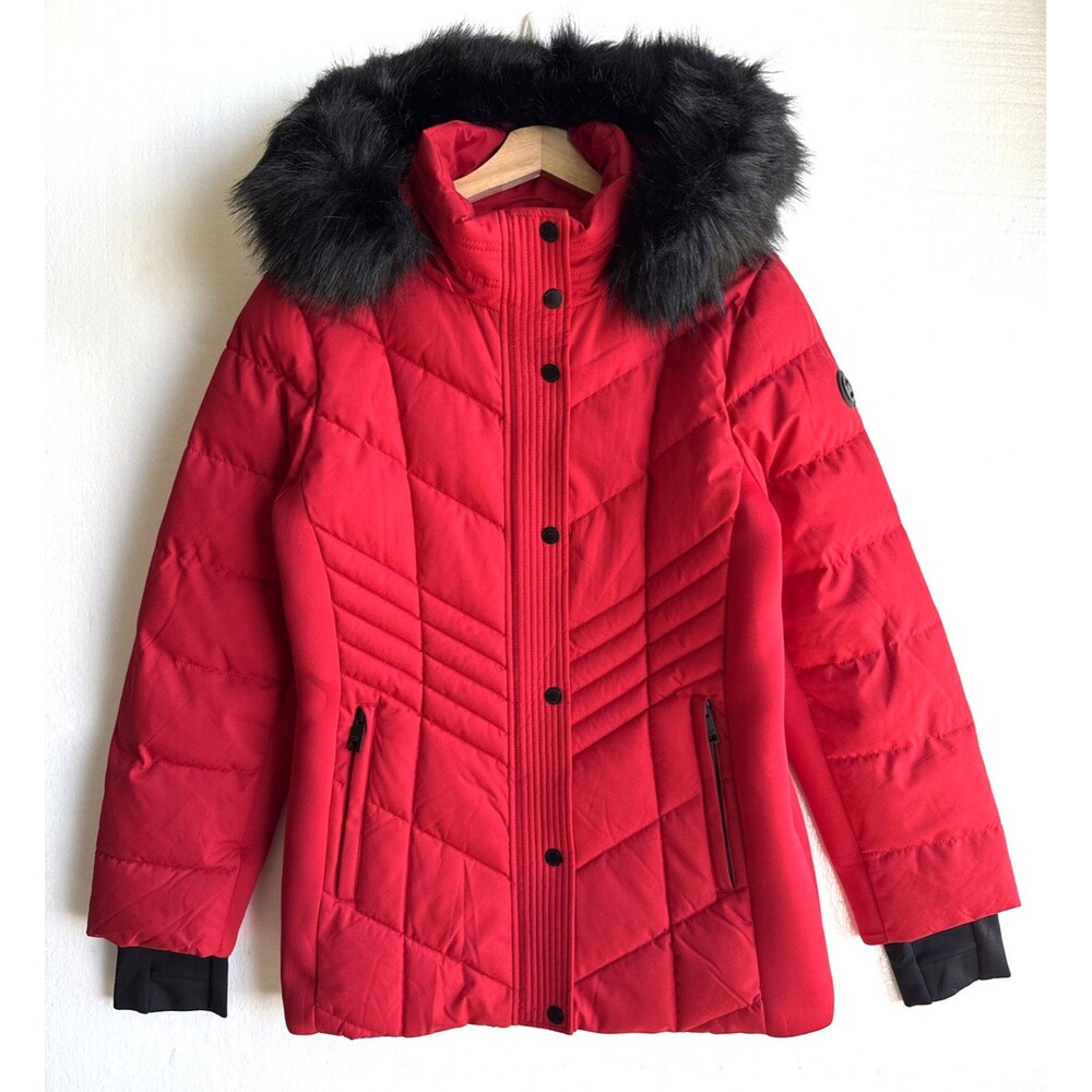Michael Kors Womens L Red Hooded Puffer Jacket Faux Fur Trim Knit Side Panels